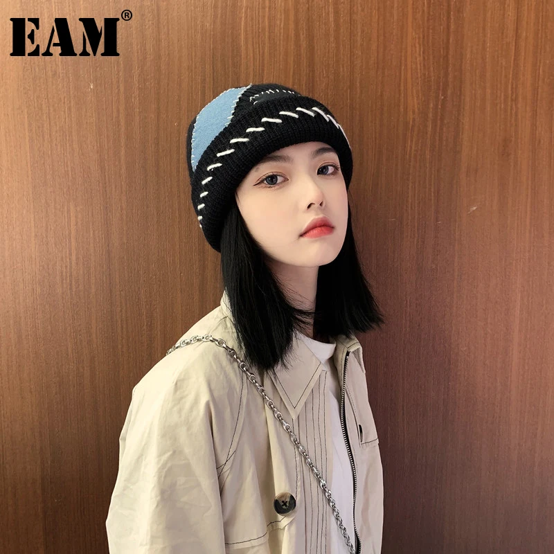 

[EAM] Women Black Patch Spliced Knitting Fishermen Hat New Round Dome Temperament Fashion All-match Spring Autumn 2022 1DE3843