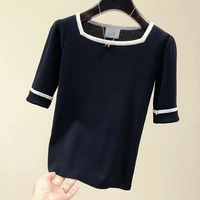 2021 summer autumn new fashion korean tshirt slim middle sleeve pullover knitted sweater women pullover square neck thin t shirt