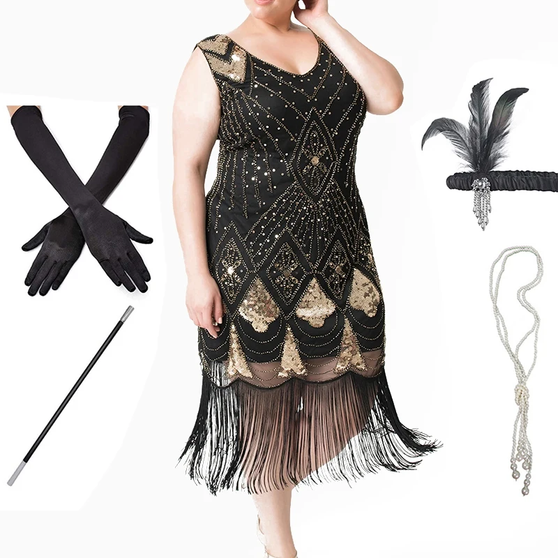 

Women's 1920s Flapper Dress Great Gatsby Theme Party Evening Sequins V Neck Beaded Fringed Dresses Gown with Accessories Set