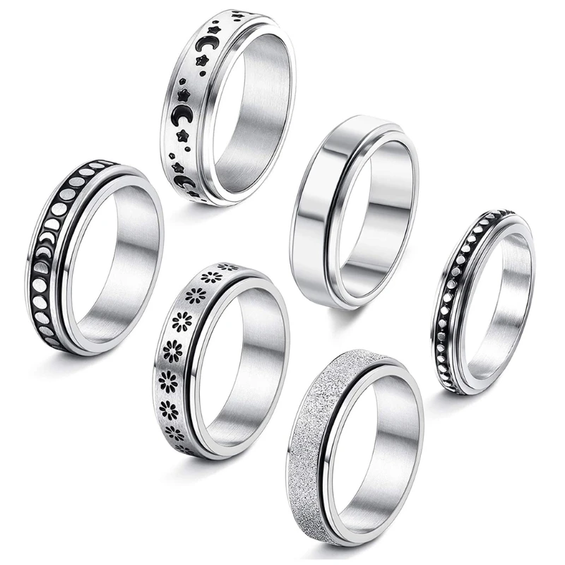 

6 Pcs Spinner Rings for Women Men Stainless Steel Promise Fidget Band Rings Set Sun Moon Star Meditation Rings for stress Reliev