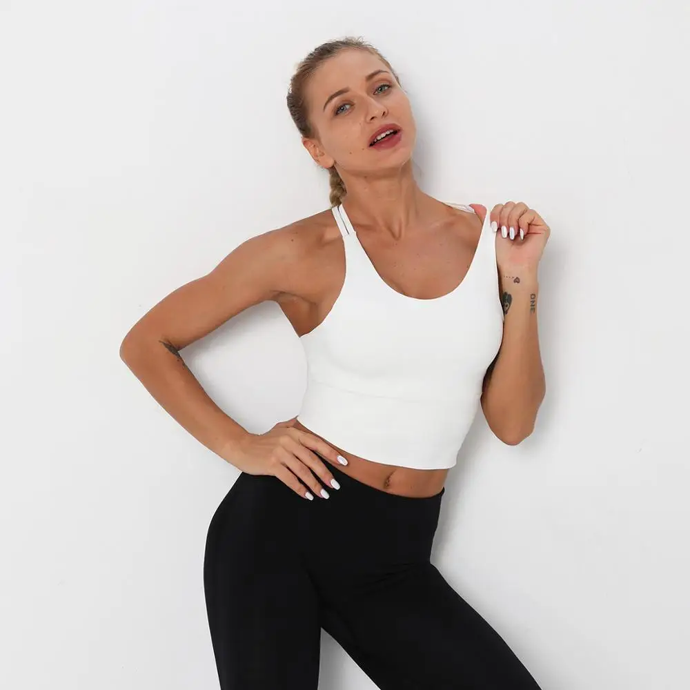 

Woman Seamless Yoga Bralette Stretchy Cross Back Straps Hollow Out Breathable Running Camisole Padded Shock Proof Sling Vest