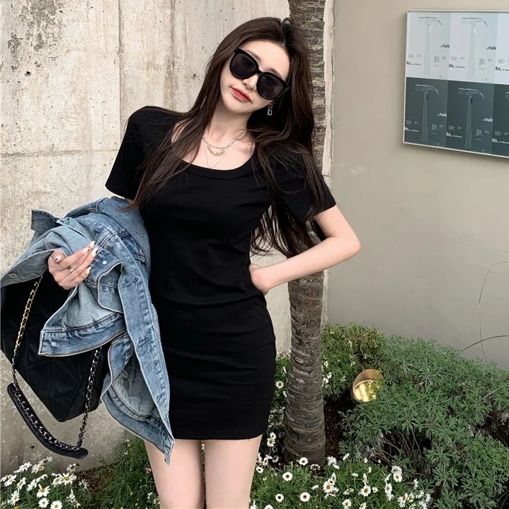 

Elegant Slim-Fit Sheath Dress For Women Summer 2021 New Small Black, Short Sleeve Crew Neck Inner Bottoming Skirt