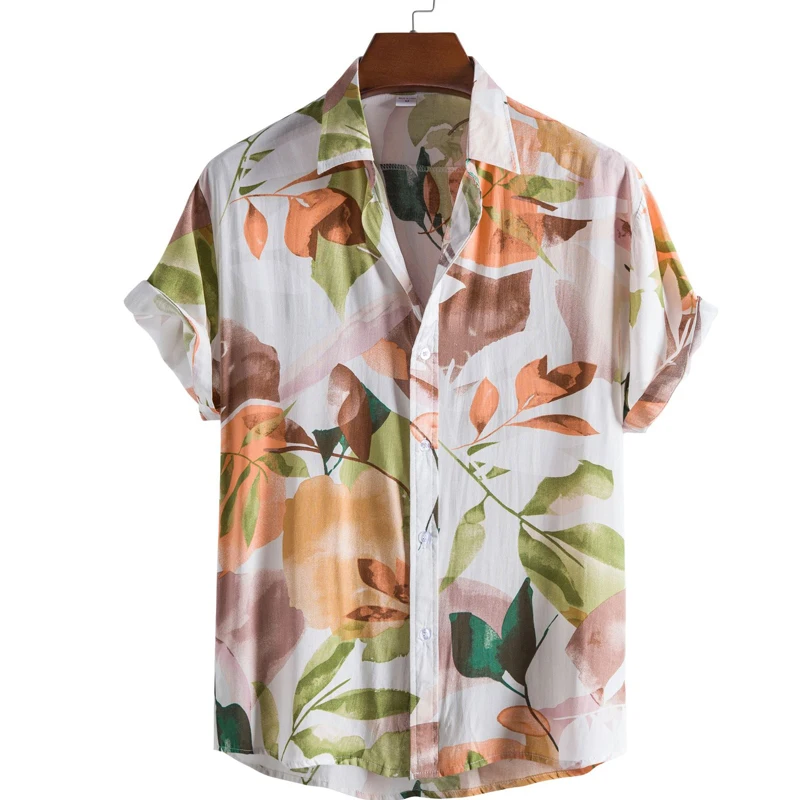 

Leaf Print Shirt Mens Short Sleeve Floral Casual Mens Aloha Shirt Beach Holiday Vacation Camisas Summer Oversized Chemise Homme