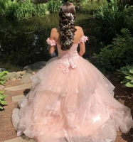 princess pink quinceanera dresses for 15 year ball gown tiered detachable sleeves sexy backless floral long prom party dress