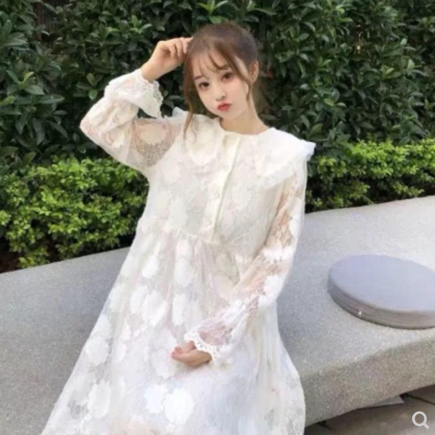 

Japanese sweet lace peter pan collar long Dress soft girl Autumn cute temperament white op long dress princess Lolita cos loli