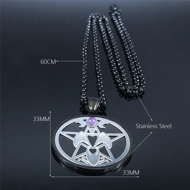 

Witchcraft Pentagram Angle Natural Purple Crystal Stainless Steel Black Silver Color Necklaces Women/Men Jewelry joyas NXS03