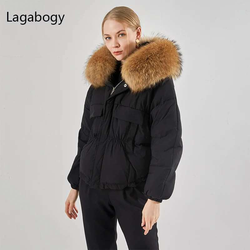 

Lagabogy Large Natural Raccoon Fur Winter Coat Women 90% White Duck Down Jacket Thick Warm Loose Parka Female Short Snow Outwear