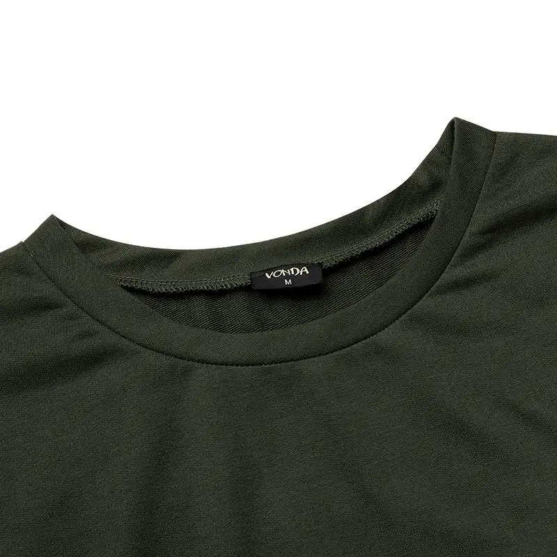 

Women Dress Casual Loose Solid Color Long Sleeve Dress 2021 VONDA Crew Neck Side Split Holiday Long Vestido Plus Size Robe Femme