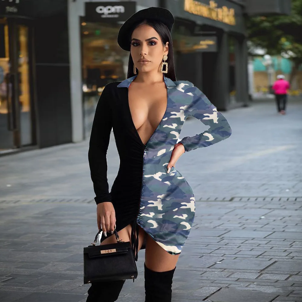 

Women Spring Winter Dress Drawstring Camouflage Print High Waist Dress Sexy Night Party Bandage Bodycon Mini Dresses