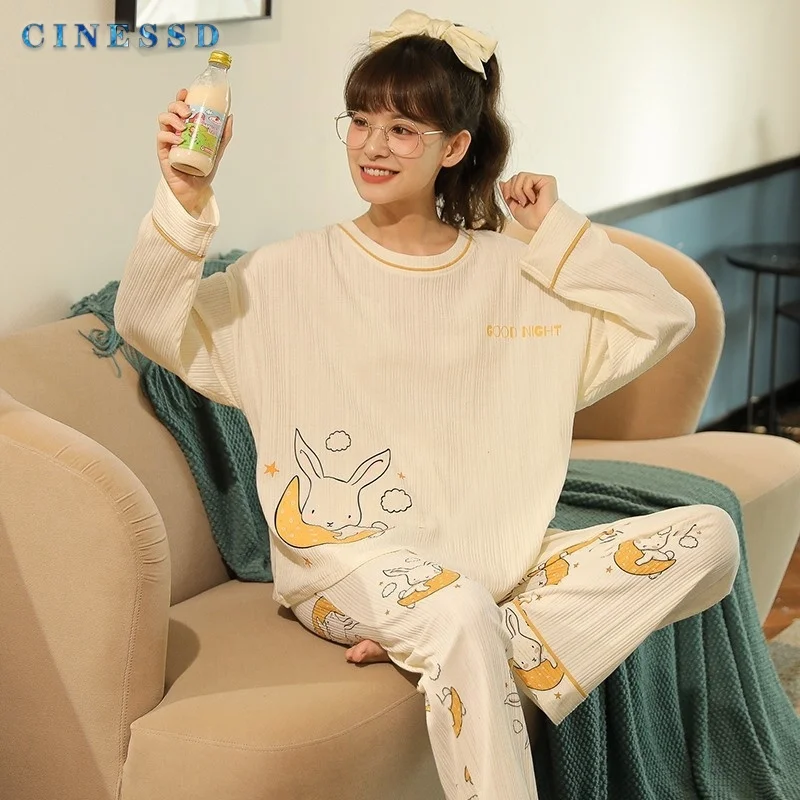 

2021 New Women's Autumn And Winter Long Sleeve Trousers Set Loose Cotton Pajamas Round Neck Cartoon Women's Casual Home Clothes