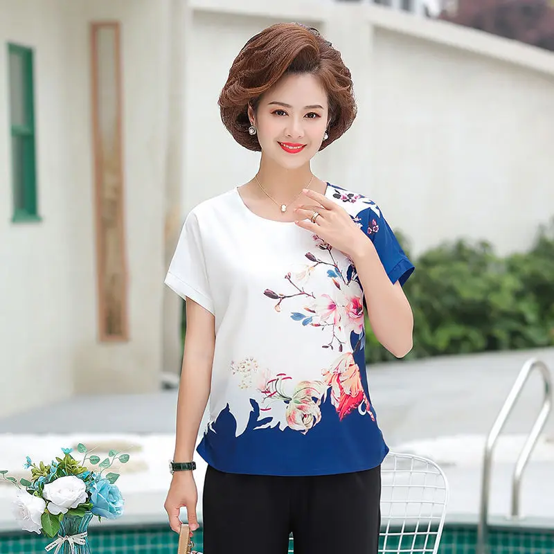 

Plus Size 2021 Summer Women T-shirt Vintage Print real silk Short Sleeve T Shirt Middle-aged Mother Clothes Female Tops suit