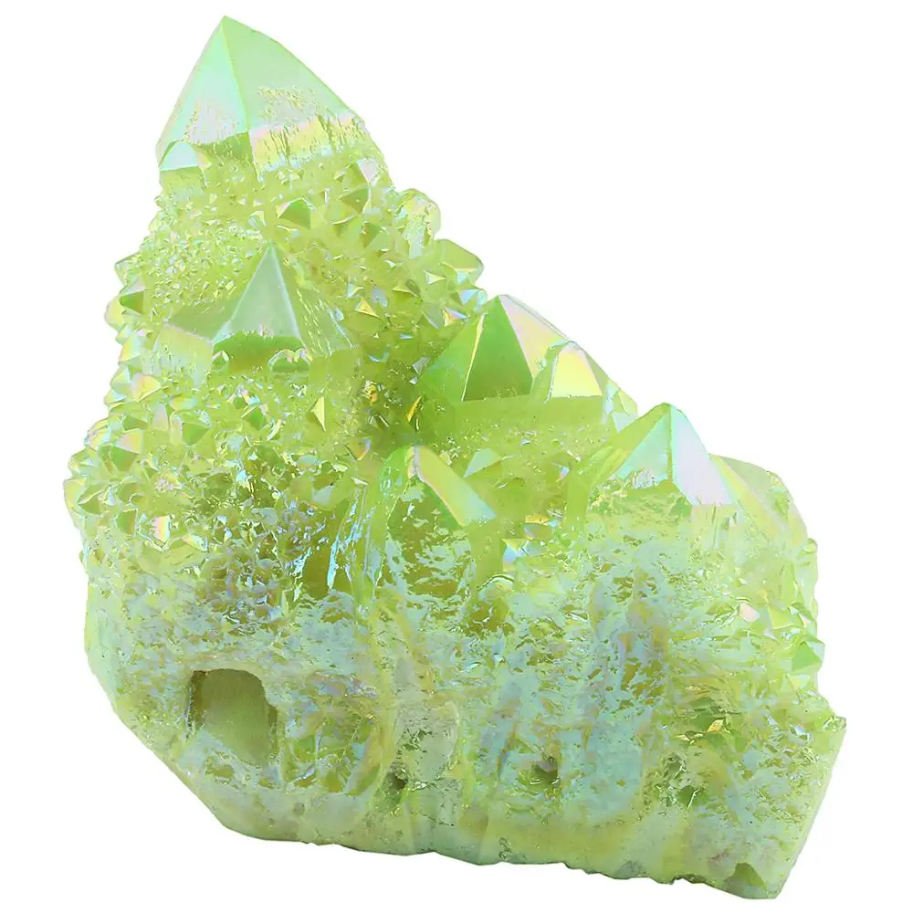 TUMBEELLUWA Lemon Green Angel Aura Titanium Coated Natural Crystal Cluster Stone Specimen Figurine