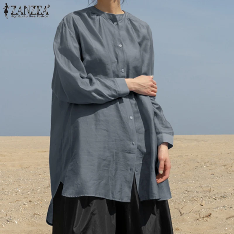 

Модная женская Однотонная рубашка ZANZEA, Повседневная Блузка на пуговицах с длинным рукавом, элегантная офисная туника, топы, свободные длинн...