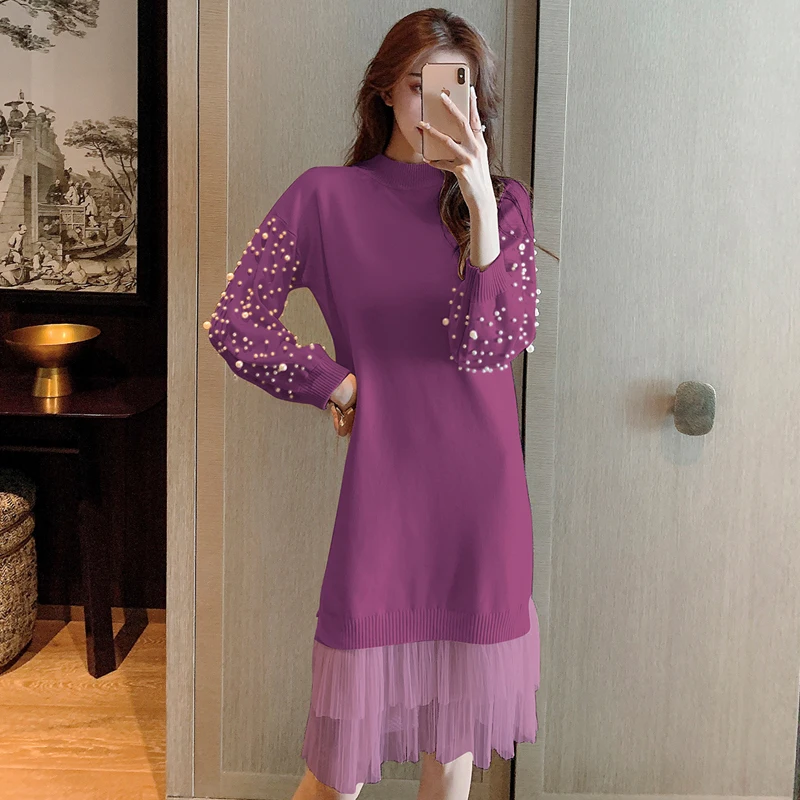COIGARSAM Casual Full Sleeve Women one-piece dress korean New Knitting Mesh Dresses Pink Black Light Green Deep Purple Apricot T | Женская