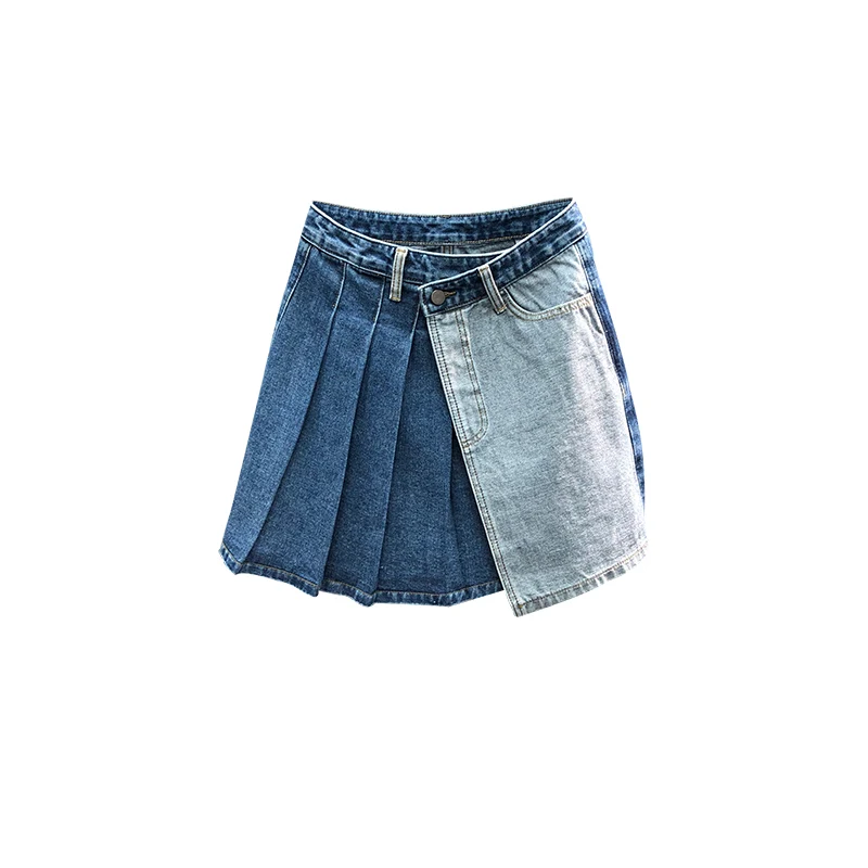 

High Waist Pleated Denim Skirt Women's 2021 Summer Fashion Color Matching A Line Skirt Female Blue Plus Size Short Skirt