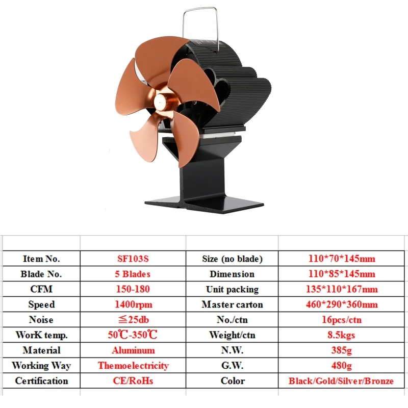 

SF103S 5 Blades Heat Powered Stove Fan for Wood Log Burner Heater Fireplace Fuel Saving Quiet Ecofan Efficient C7AC