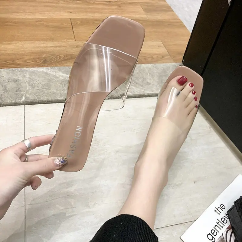 Прозрачные тапочки мюли без задника с открытыми пальцами Сезон лето женская