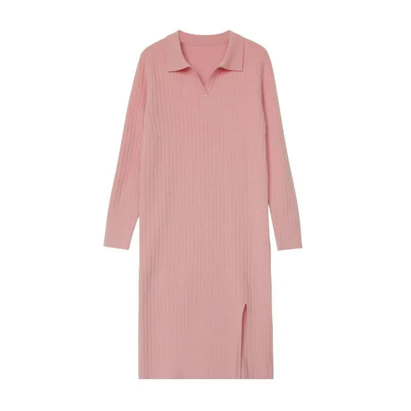 

Spring 2021 new three color Polo knitted skirt with King side split long sleeve dress and medium length skirt