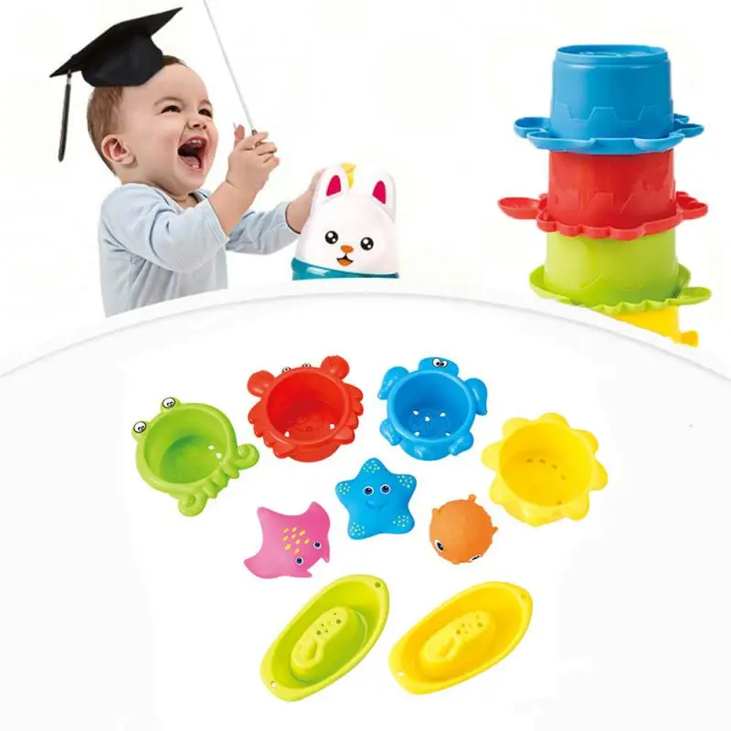 

9Pcs Kids Ocean Life Stacking Cups Bath Toy Children Play Educational Cute Cartoon Bathroom Kids Beach Bath Toys
