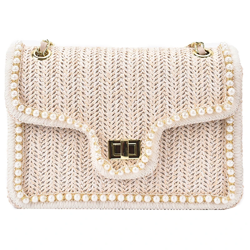 weave square crossbody bag 2022 summer handbag new quality straw pearl womens designer handbag pearl chain shoulder bag handbag free global shipping