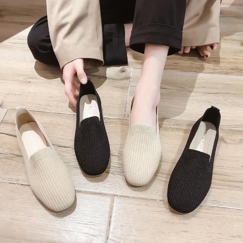 

Women Shoes Autumn Slip-on Soft Square Toe Casual Female Sneakers Shallow Mouth Knitting Flats Ladies' Footwear Fall Slip On Win