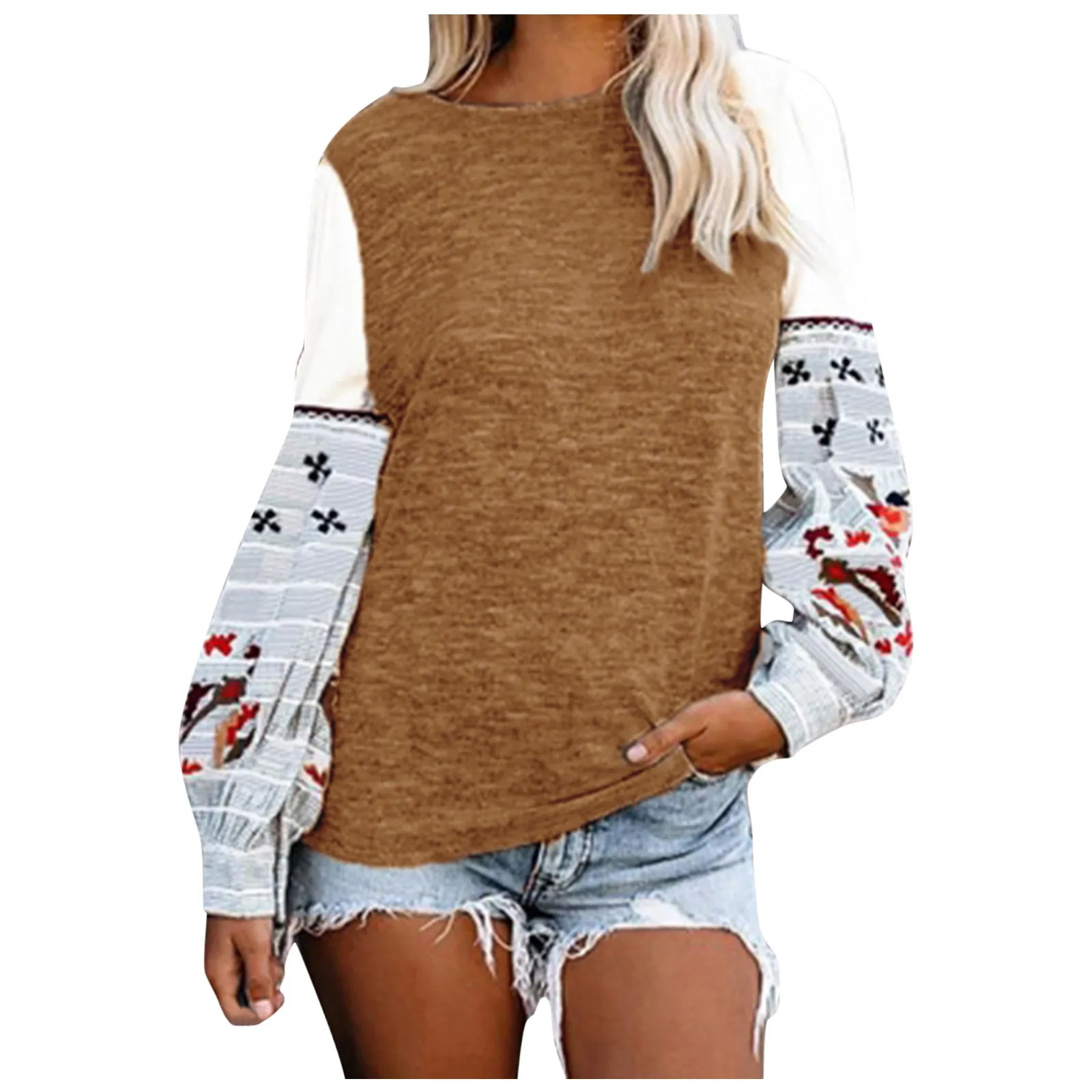 59# Hoodies For Women Long Sleeve Round Neck Hoodies Horse Girl Splicing Women Tops Kawaii Girls Youth Casual Cute Sweatshirts