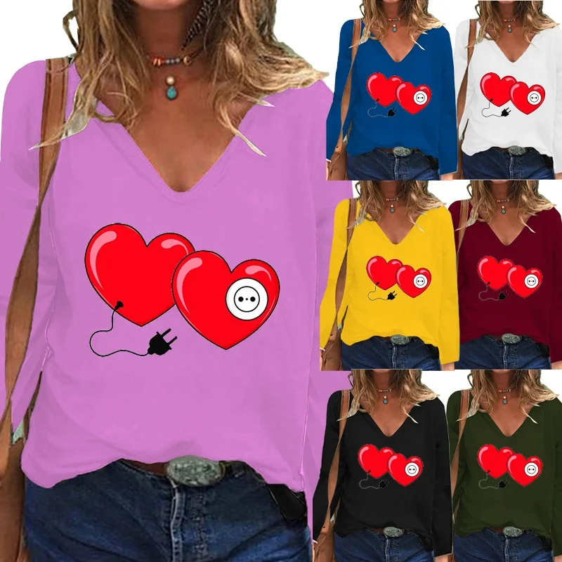 

Women's New Autumn Casual Fashion Love Printing Long-sleeved Shirt Solid Color Shirt Deep V-neck Loose Women's T-shirt XS-5XL