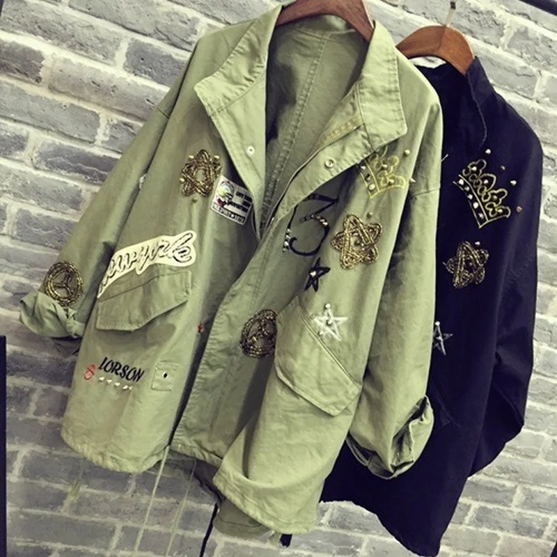 

2021 Women Cotton Jacket Coat Casual Women Bomber jacket Embroidery Applique Rivets Oversize Women Coat Army Green Cotton Coat
