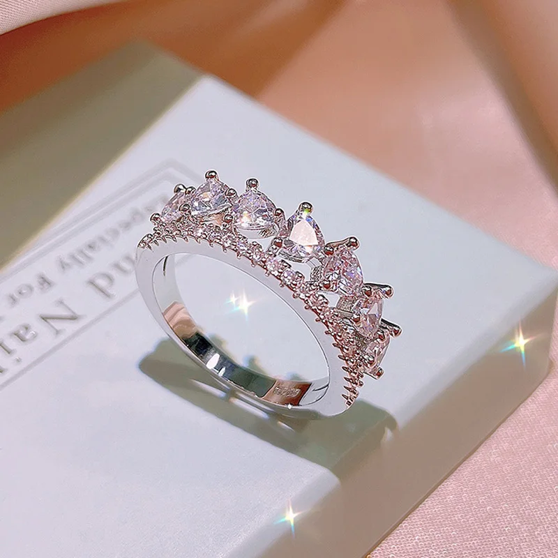 

Luxury 100% Real 925 Sterling Zircon Crown CZ Finger Ring Classic Stackable Silver Jewelry for Women Wedding Christmas Gift