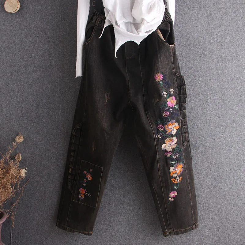Джинсы женские с вышивкой и цветами модные повседневные Длинные свободные
