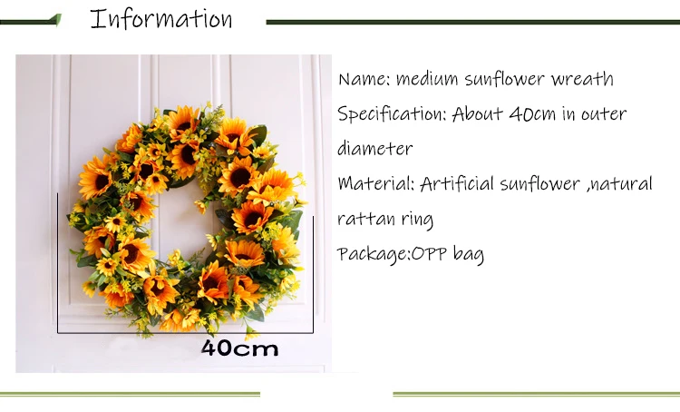 Artificial Sunflower Wreath Natural Rattan ring Silk flowers Garlands Wedding Wall Decoration Backdrop Home Door Fake Flowers images - 6