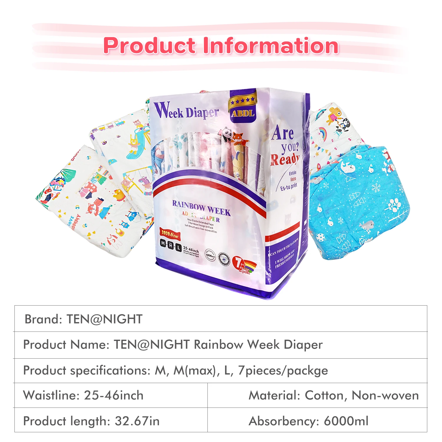 

Rainbow Week Diaper ABDL Boy Girl Adult Size Diaper 6000ml Absorbtive Elastic Waistline DDLG Diaper Dummy Dom 6pcs In A Pack