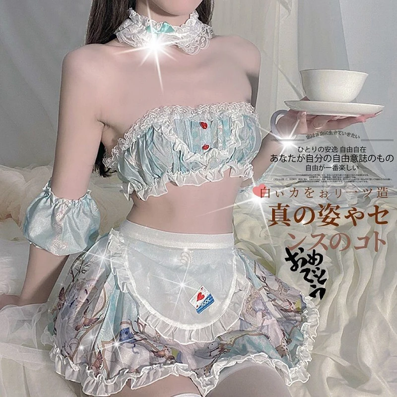 

Bunny Girl With Apron Lovely Lingerie Lolita Women Maid 7Pcs Sweet Kawaii Cosplay Costume Printing Lace Ruffles Cute Tempatation