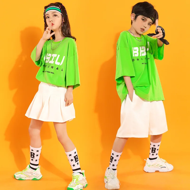 

Детская одежда в стиле хип-хоп, зеленая футболка с графическим рисунком, футболка оверсайз, топ, уличная одежда, летние шорты, юбка для девоч...