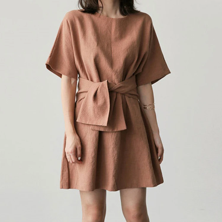 Женское Плиссированное мини-платье повседневное хлопково-льняное платье с