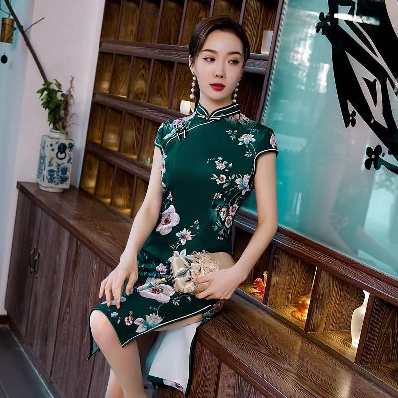 

Silk Mid-Length Short-Sleeved Spring Summer Daily Double Cheongsam Dress Slim Show Etiquette Lady Long Silk Party Dress Qipao