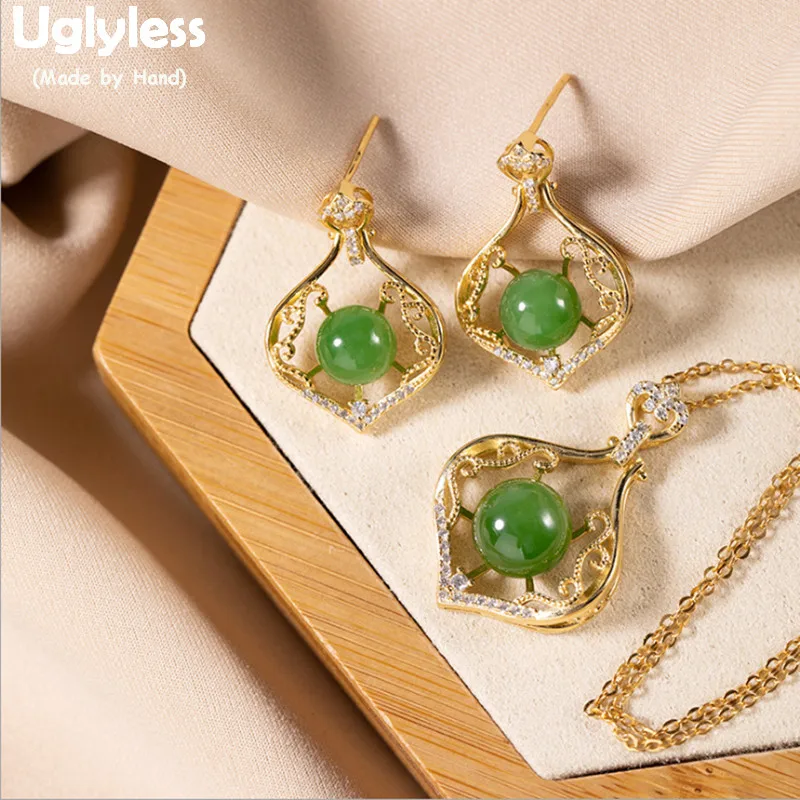 

Uglyless Luxury Green Jade Jewelry Set for Women Palace Stylish Party Dress Earrings Necklaces+Chains 925 Silver Jewelry E1793