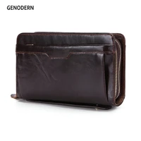 genodern business men clutch wallets luxury double zipper genuine leather long purses large capacity cowhide wallet for male