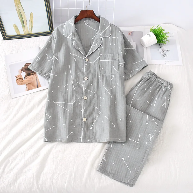 Summer Couple Pure Cotton Pajamas Set Gauze Men and Women Thin Short Sleeve Sleeve Trousers Comfortable Pajamas 2 Sets of Home