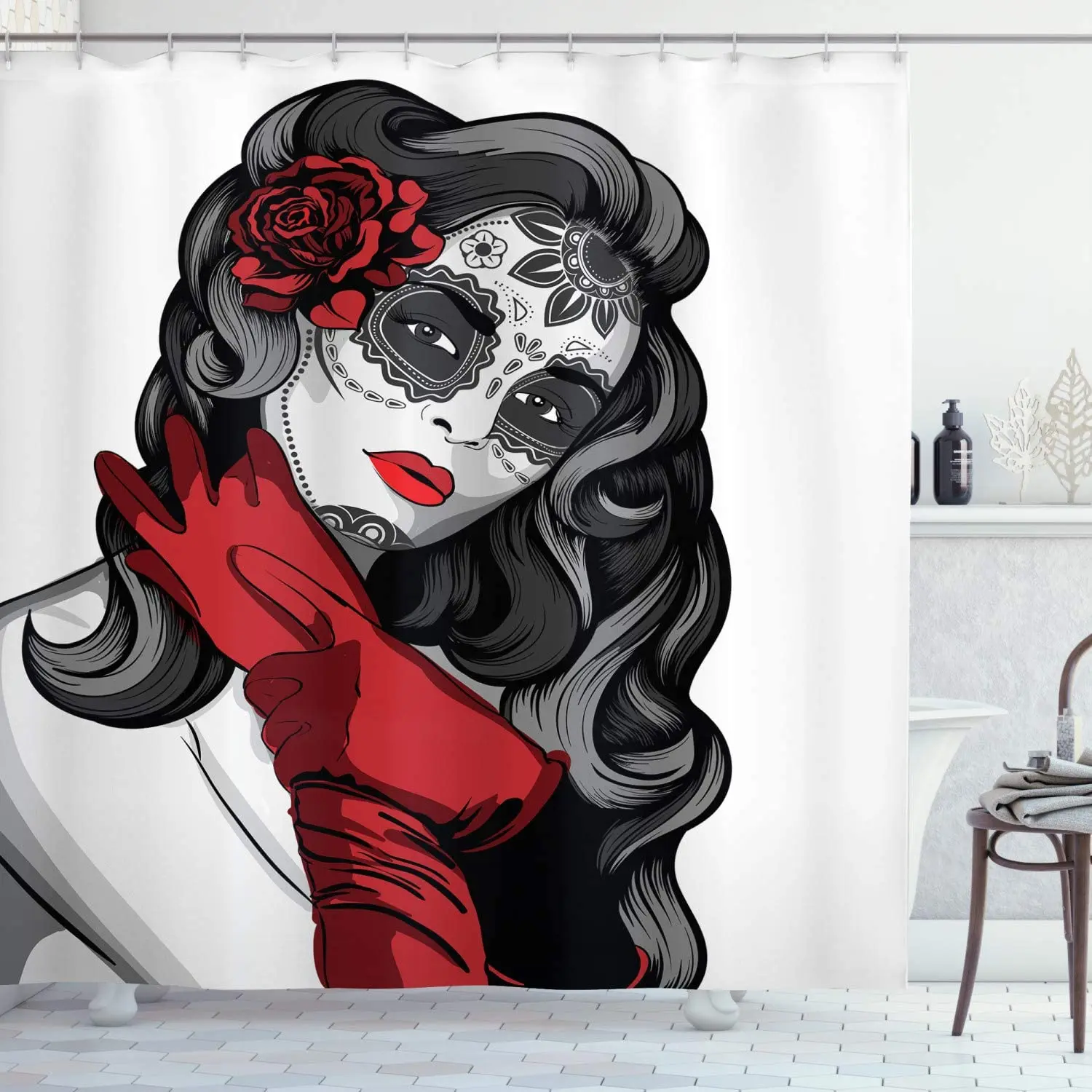 

Занавеска для душа в виде черепа в мексиканском стиле, украшение для ванной комнаты в готическом стиле, зло, мертвецы, с крючками, длина 70 дюй...