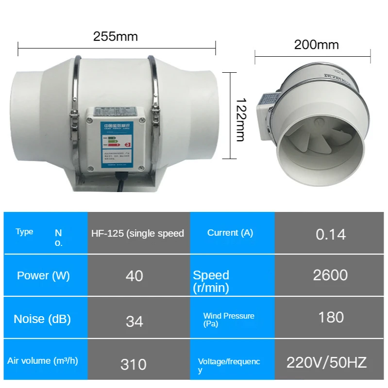 

5inch 220V Exhaust Fan Home Silent Inline Pipe Duct Fan Bathroom Extractor Ventilation Kitchen Toilet Wall Air Cleaning