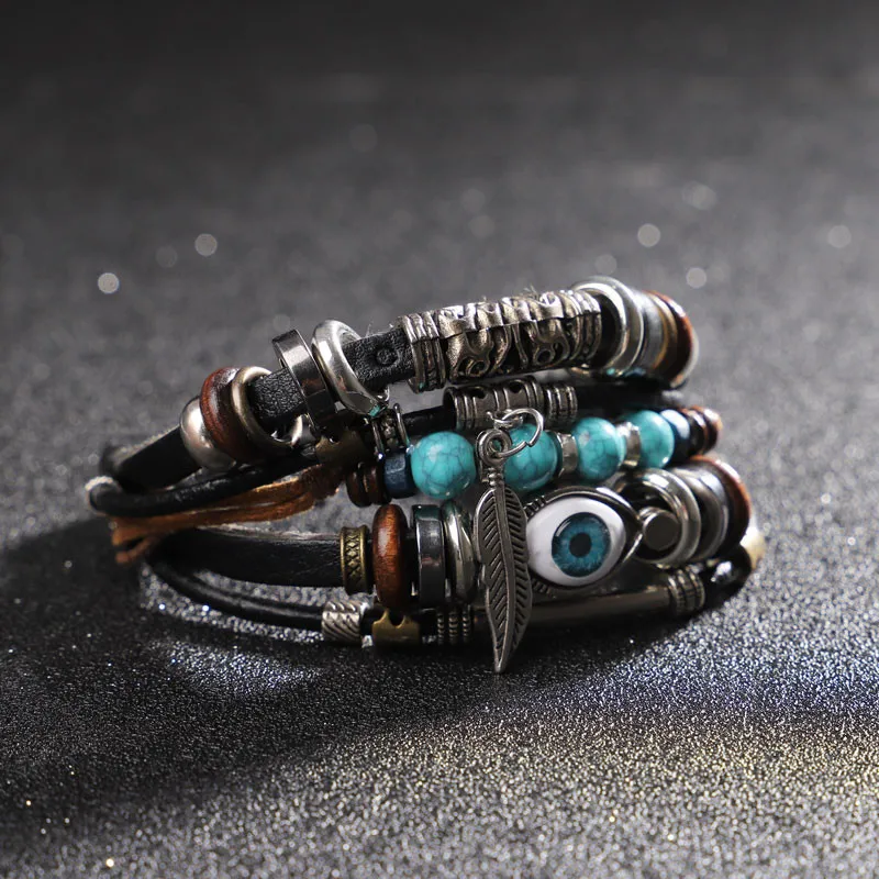 Многослойный кожаный браслет для мужчин и женщин винтажное ювелирное изделие с