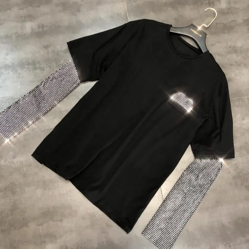 Новинка осени 2019 модная футболка Стразы с карманами и длинным рукавом имитация