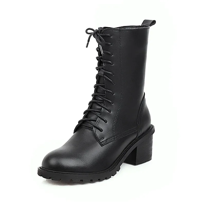 

ANNYMOLI Short Boots High Heel Mid Calf Boots Woman Zip Thick Heel Shoes Cross Tied Female Footwear Autumn Winter Black Size 43