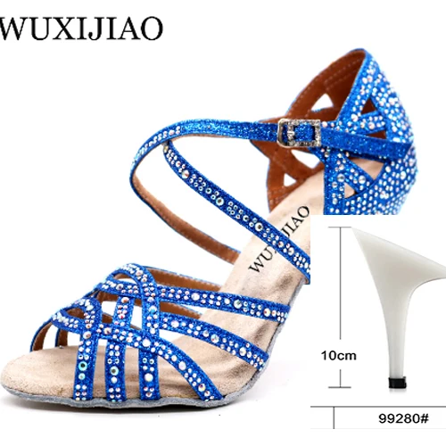 Blue heel 10cm WUXIJIAO/серебристые и Синие стразы; обувь для латинских танцев; женская Обувь для бальных танцев; обувь для вальса на высоком каблуке 9 см; Лидер продаж - Цвет: Blue heel 10cm