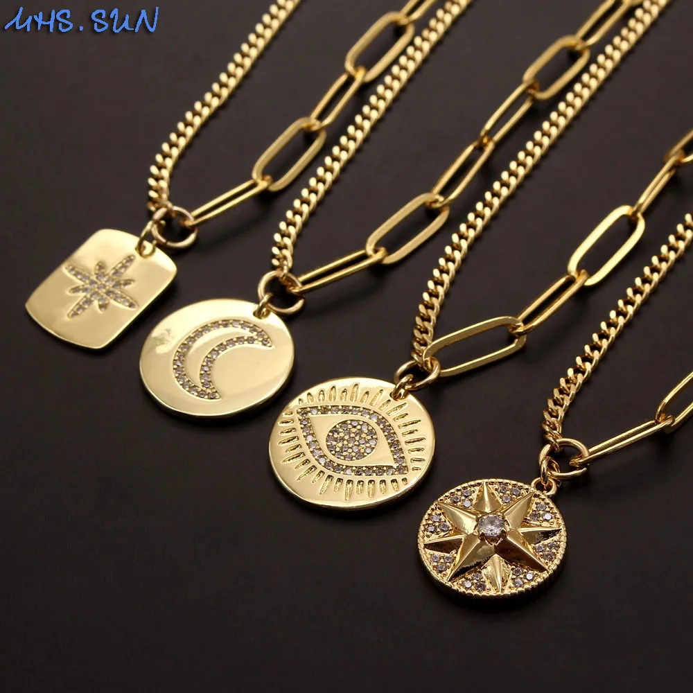 

MHS.SUN Hiphop Style Cubic Zirconia Women Jewelry Moon&Star&Eye Pendant Necklace Gold Color Chain Chokers 1PC Men Party Gifts