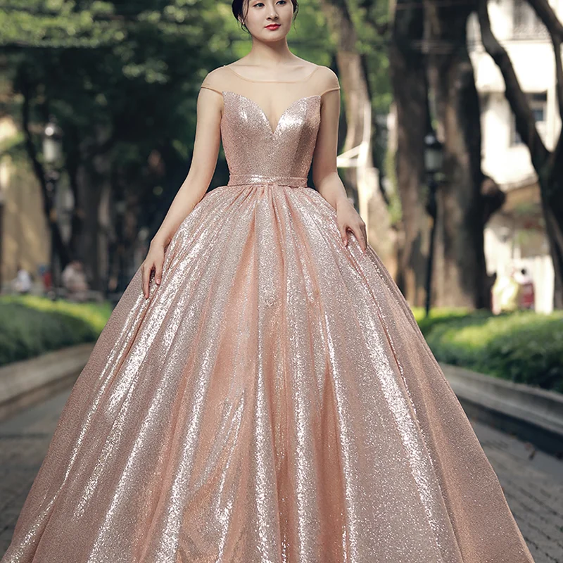 RSM66565 блестящее Пышное вечернее платье в пол с блестками круглым вырезом