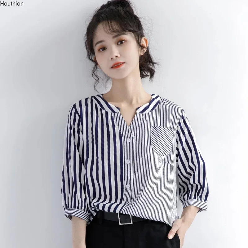 

Chiffon Loose Women's Shirts New Fashion Blouses Stripes V-neck Shirts Summer Casual Short Sleeve Lady Blusas Houthion