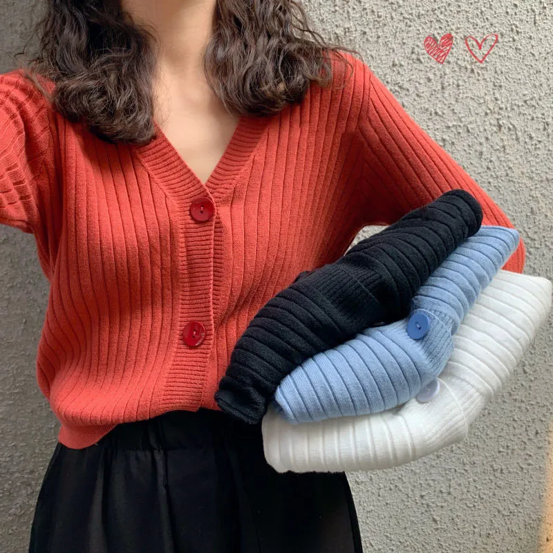 

2021 Korean Fashion New Knit Cardigan Gentle Short Casual Loose V-neck Sweater Jacket Knitwear Women's Top