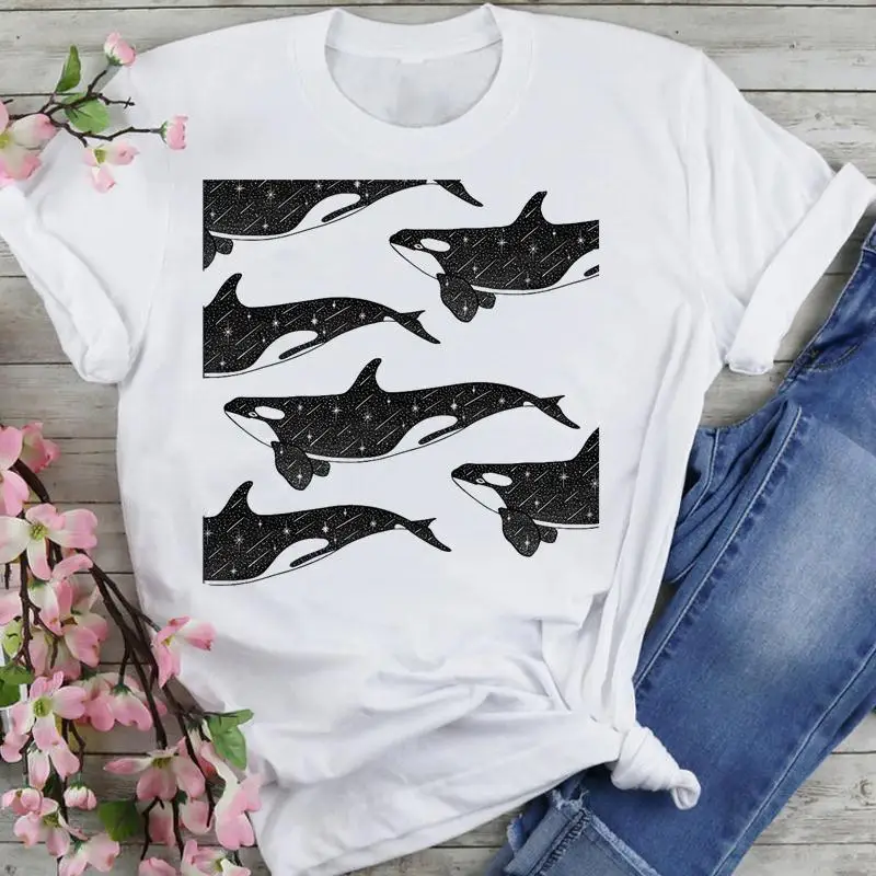 

Женская футболка с принтом, летняя модная футболка с коротким рукавом в стиле 90-х, с изображением пляжа, океана, животных